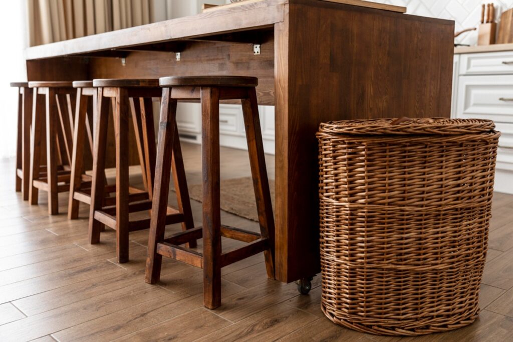 Tasmanian Oak dining table with matching wooden stools