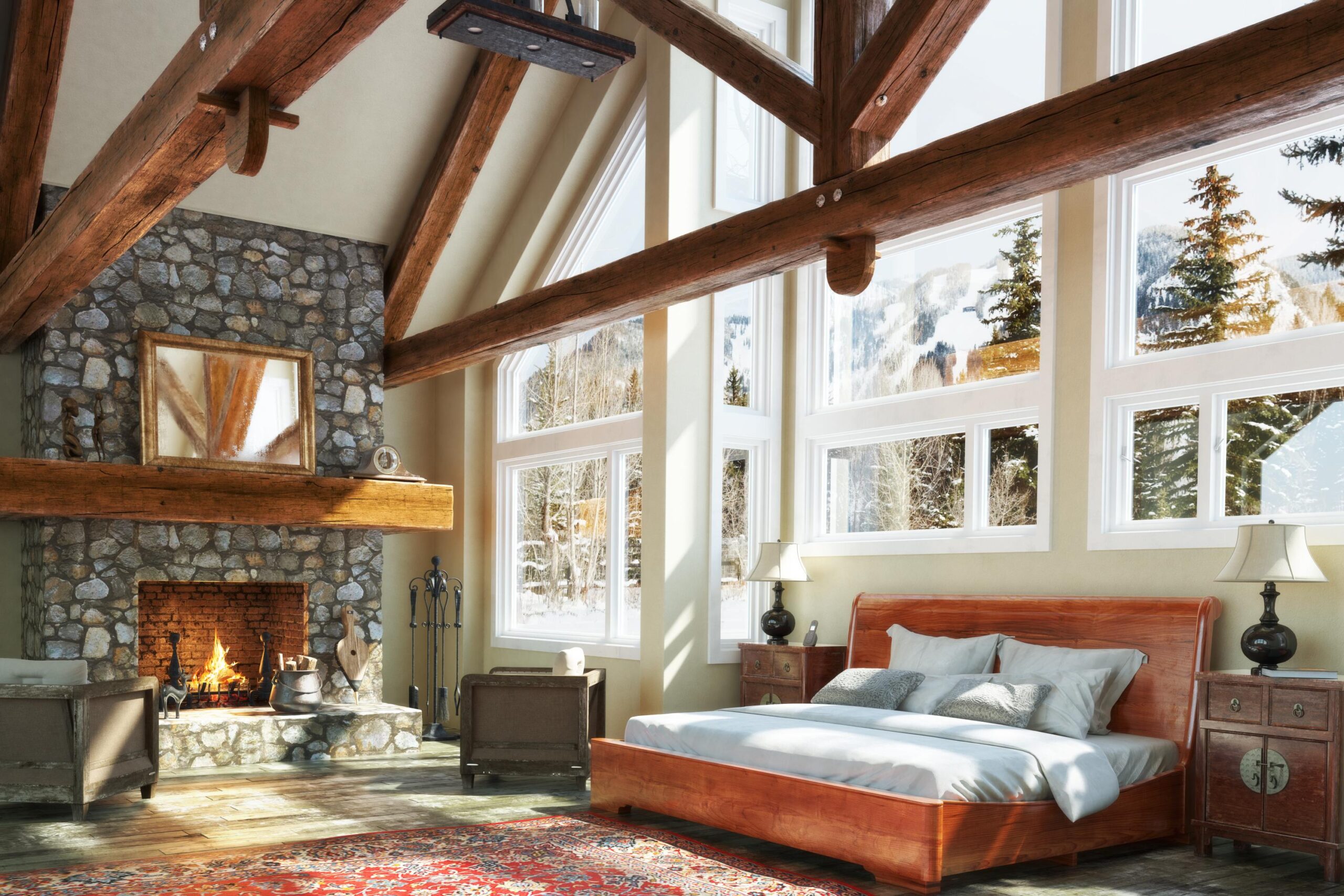 luxurious open floor cabin interior bedroom