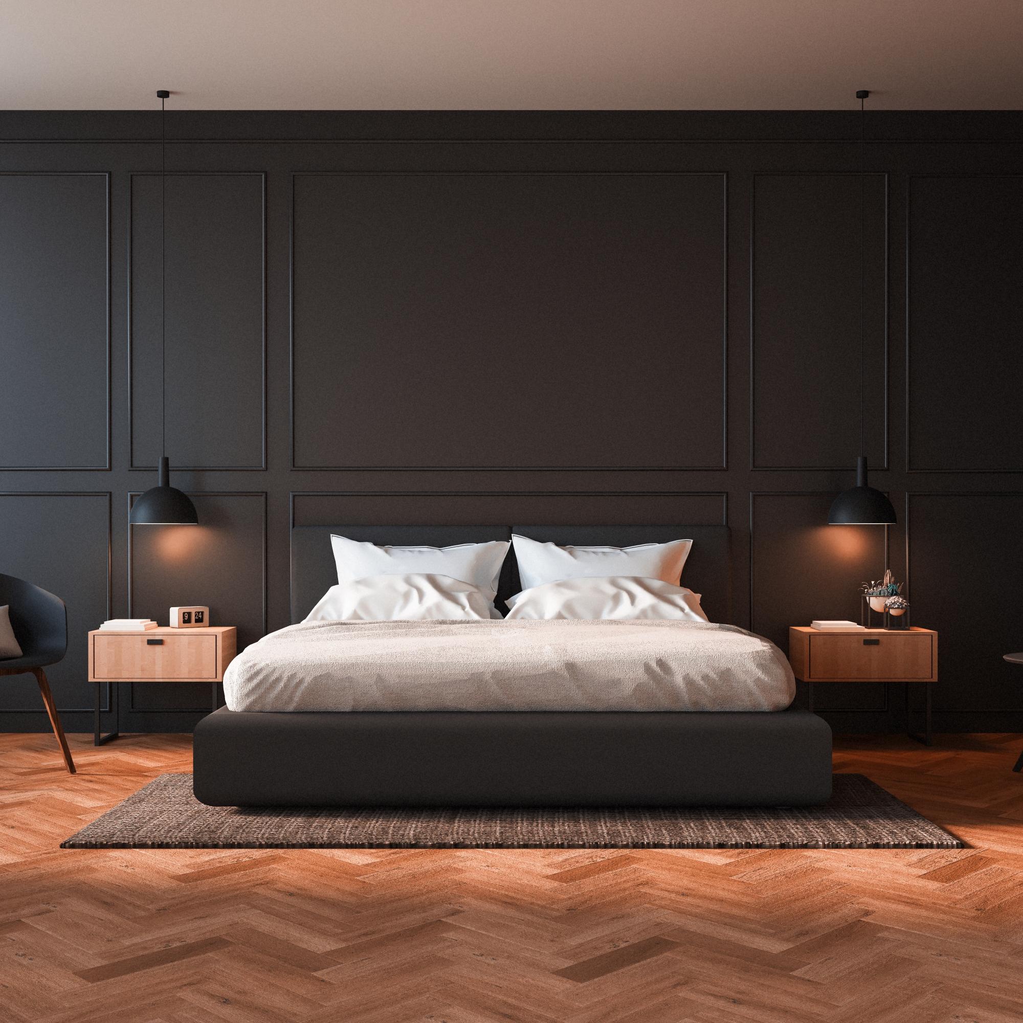 modern bedroom large bed black walls wooden
